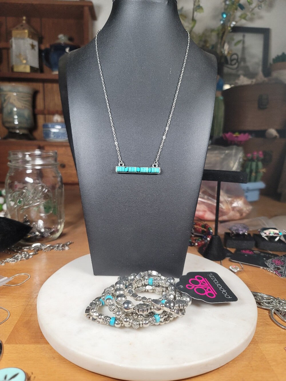 paparazzi Turquoise Bar Necklace with Silver Beaded Bracelet Set